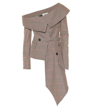 Shop Monse Plaid Off-the-shoulder Jacket In Brown