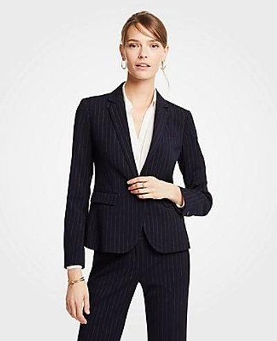 Shop Ann Taylor Petite Pinstripe One Button Blazer In Navy Pinstripe