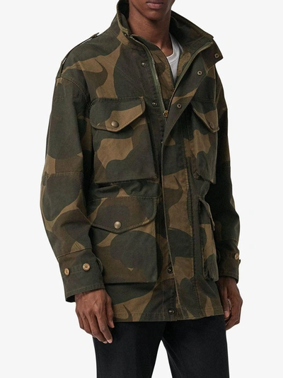 Shop Burberry Camouflage Print Cotton Canvas Field Jacket - Green