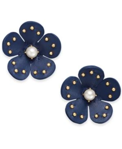 Shop Kate Spade Gold-tone Leather Flower Stud Earrings In Navy Multi