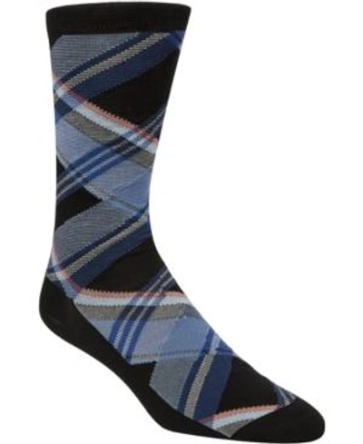Shop Cole Haan Men's Diagonal Plaid Crew Socks In Black/blue