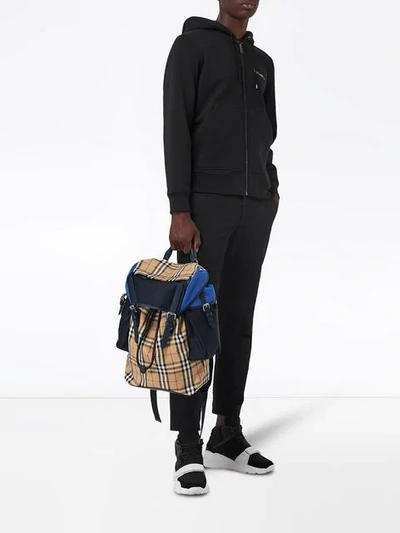 Shop Burberry Colour-block Vintage Check And Leather Ranger Backpack In Navy