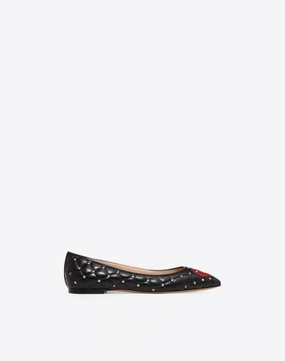 Shop Valentino Garavani Heart Embroidery Rockstud Spike Ballet Flat Women Black 100% Lambskin 36.5