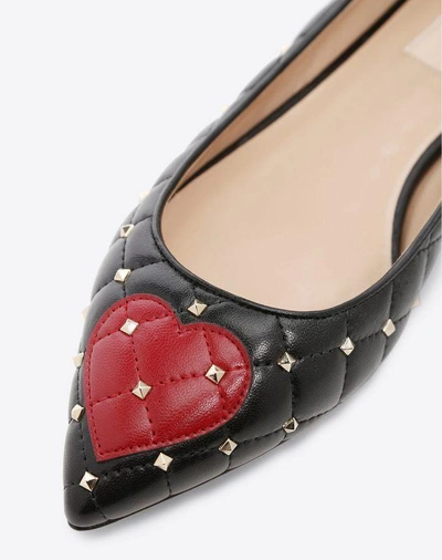 Shop Valentino Garavani Heart Embroidery Rockstud Spike Ballet Flat Women Black 100% Lambskin 36.5