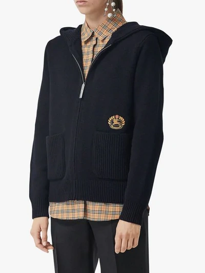 Shop Burberry Embroidered Archive Logo Cashmere Hooded Top In Blue