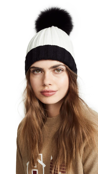 Shop Adrienne Landau Ribbed Two Tone Hat With Fur Pom In Black/white