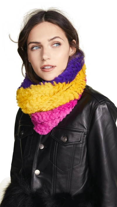 Shop Adrienne Landau Tri-tone Knit Fur Cowls Scarf In Fuchsia/yellow/purple