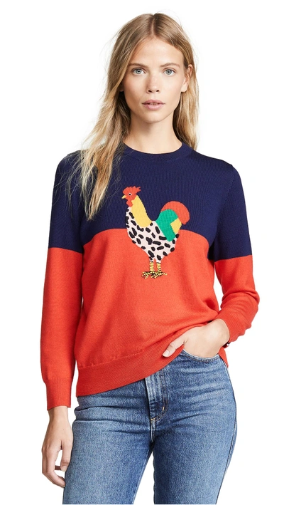 Shop Demylee X Clare V Le Coq Sweater In Navy & Red W/rooster