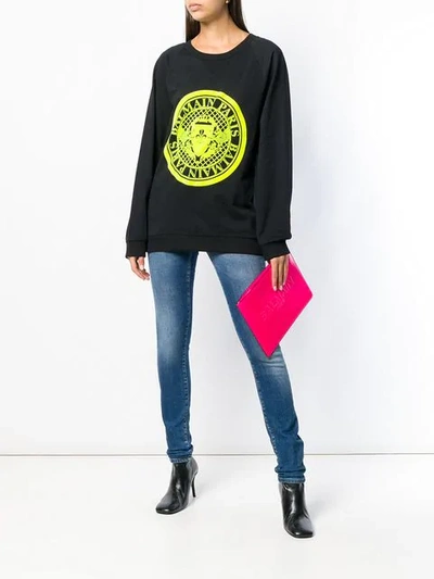 Shop Balmain Embossed Logo Clutch Bag In 326 Fuxia Neon
