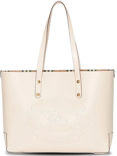Shop Burberry Small Embossed Crest Leather Tote - Neutrals