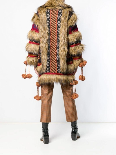 Shop Etro Eco-fur And Jacquard Knit Coat In Brown