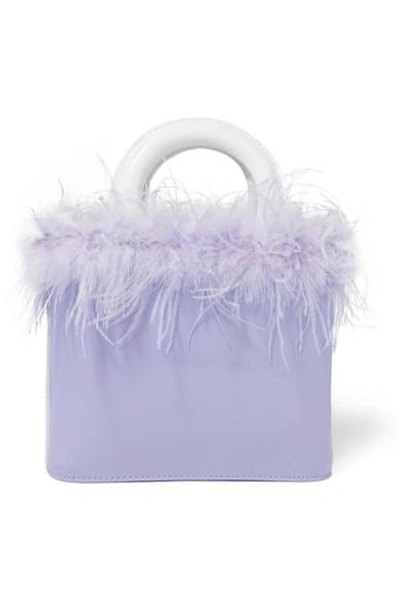 Shop Staud Nic Feather-trimmed Patent-leather Tote In Lavender