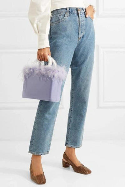 Shop Staud Nic Feather-trimmed Patent-leather Tote In Lavender