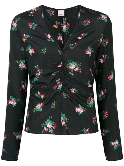 Shop Pinko Ruched Floral Blouse In Black
