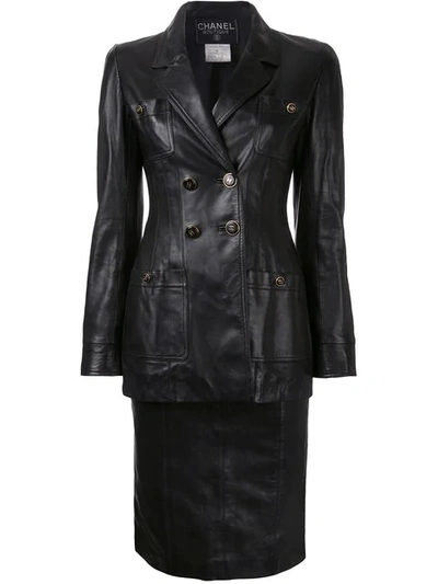 Pre-owned Chanel Vintage Cc Button Setup Jacket Skirt Suit - Black