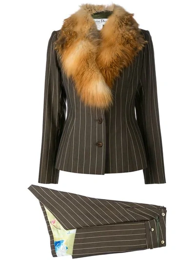 Pre-owned Dior Fox Fur Collar Skirt Suit In Brown