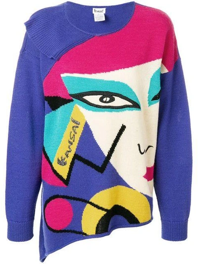 Pre-owned Kansai Yamamoto Vintage Face Print Asymmetric Jumper In Multicolour