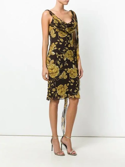 Pre-owned Dior 2005  Floral-print Cowl Neck Dress In Brown