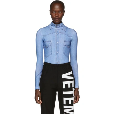 Shop Vetements Blue Shirt Print Bodysuit In Blue Denim