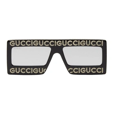 Shop Gucci Black Strass Logo Sunglasses In 001 Black/g