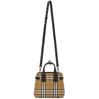 Shop Burberry Beige Small Banner Check Tote In Black