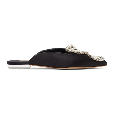 Shop Sophia Webster Black Satin Bibi Butterfly Pearl Slippers In Blk/pearl