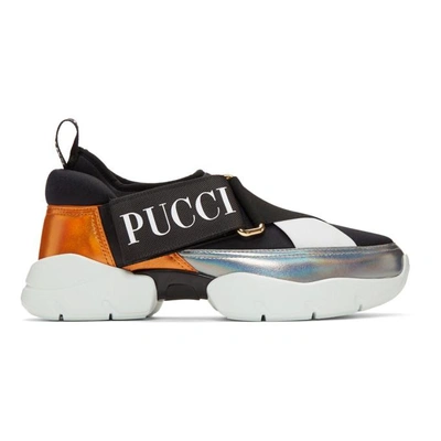 Shop Emilio Pucci Black & Silver Elastic Band Slip-on Sneakers
