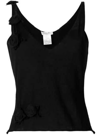 Pre-owned Dior 2000s  Rose-appliqué Knitted Top In Black