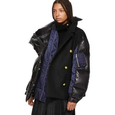 Shop Sacai Black And Navy Melton Wool Ma-1 Combo Puffer Jacket In 005 Blk/nvy