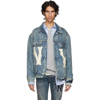 Shop Gucci Blue Ny Yankees Edition Patch Denim Jacket In 4494 Blue