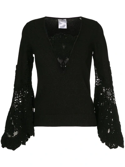 Pre-owned Chanel Lace-embroidered Flared Top In Black