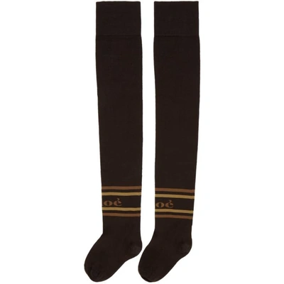 Shop Chloé Chloe Brown Thigh-high Logo Socks In 233 Brown