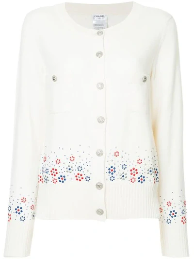 Pre-owned Chanel Cashmere Floral Embossed Cardigan In White