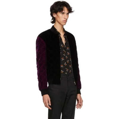 SAINT LAURENT 黑紫配色天鹅绒绗缝飞行员夹克