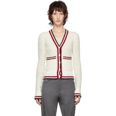 Shop Thom Browne White Open Stitch Tipping Stripe V-neck Cardigan In 100 White