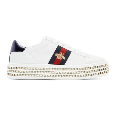 Shop Gucci White Crystal Platform Bee Ace Sneakers In 9095 White