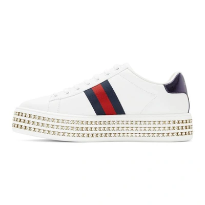Shop Gucci White Crystal Platform Bee Ace Sneakers In 9095 White