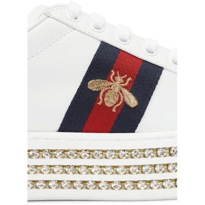 Shop Gucci White Crystal Platform Bee Ace Sneakers In 9095 White