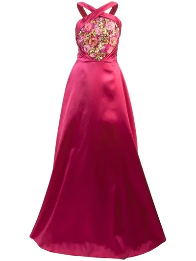 Shop Marchesa Notte Embroidered Halterneck Ball Gown In Pink