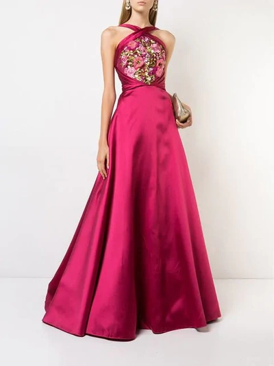 Shop Marchesa Notte Embroidered Halterneck Ball Gown In Pink