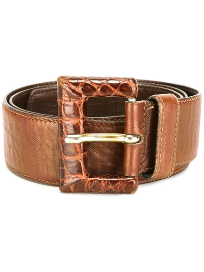 Shop Prada Vintage Embossed Crocodile Buckle Belt - Brown