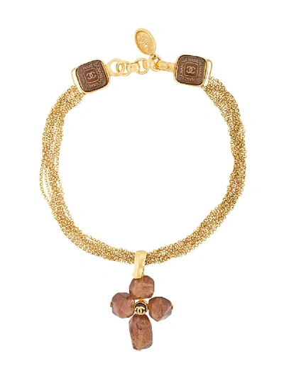 Shop Chanel Vintage Cc Crucifix Stone Necklace - Metallic