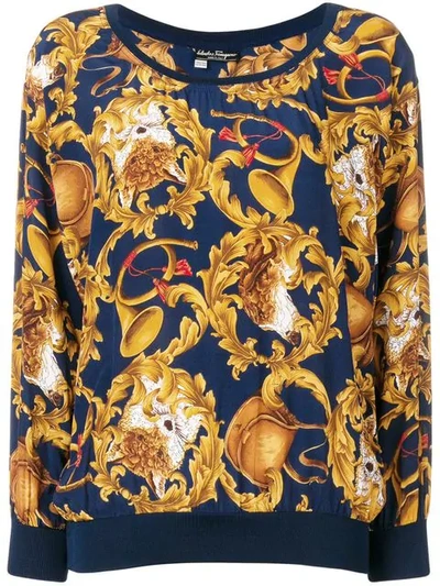 Pre-owned Ferragamo 1990's Trumpets Print Blouse In Blue