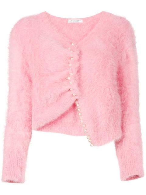 pink cardigan with pearl buttons