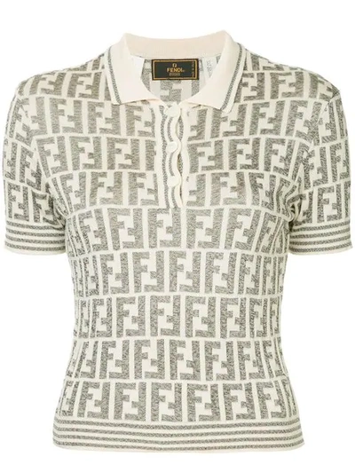 Shop Fendi Vintage Logo Print Knitted Polo Top - White