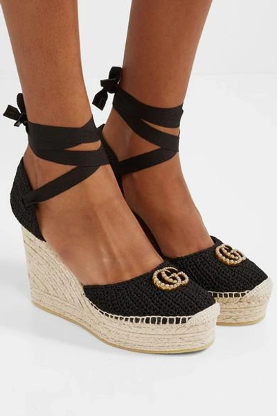 Shop Gucci Lilibeth Logo-embellished Crocheted Cotton Wedge Espadrilles