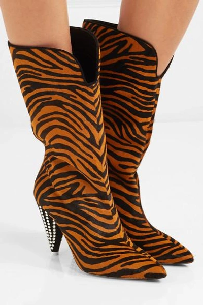 Shop Attico Betta Crystal-embellished Tiger-print Calf Hair Knee Boots In Leopard Print
