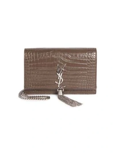 Shop Saint Laurent Stamped Croc Kate Wallet-on-chain In Brown