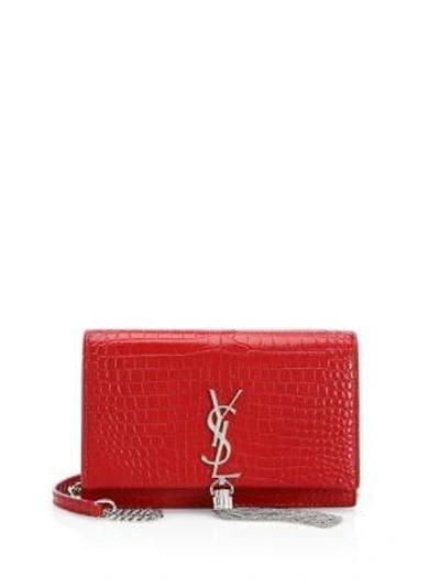 Shop Saint Laurent Stamped Croc Kate Wallet-on-chain In Brown
