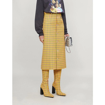 Shop Balenciaga Checked Wool Pencil Skirt In Yellow/fluo Pink